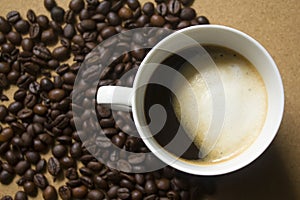 Milk froth in coffee mugs and coffee beans photo