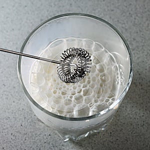 milk frother. frothed milk in a glass