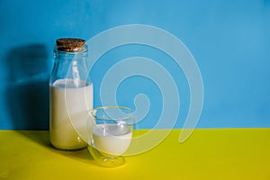 Milk in a glass and bottle on a fashionable yellow-blue background.