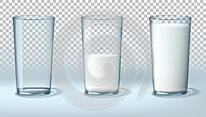 Milk glass. Half cup, empty and full, transparent water drink, cow beverage, bottle, morning dairy beverage product