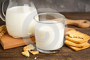 Milk in glass and jug with cookie on wooden table on a grey background, close-up