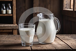 Milk in a glass and jug on a wooden table