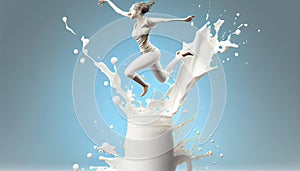 milk glass liquid splash shape girl jumping air energy drink concept 3d rendering glasses jump whey protein food cream yogurt