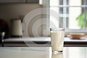 milk in glass on table on the bright home kitchen with window