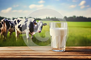 milk in glass on table with grazing cows on the meadow as background