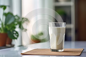 milk in glass on table and kitchen with monstera plant on the background