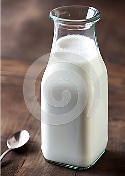 Milk and glass of white jug of fresh dairy products on wooden background