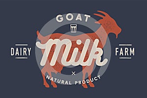 Milk, goat. Logo with goat silhouette, text Milk, Dairy farm