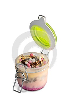 Milk ice cream with chocolate in open Glass Jar