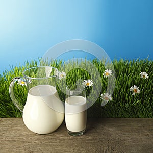 Milk in jar and glass on flower meadow