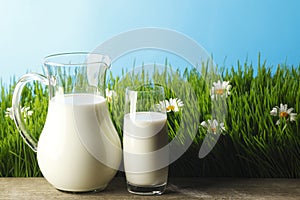 Milk in jar and glass on flower meadow