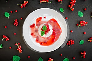 Milk Jelly with berries in a white plate on dark background. Traditional Italian dessert. Flat lay, top view