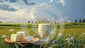 Milk in a jug and cheese on a green meadow. Generative AI.