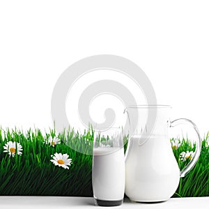 Milk jug and glass on flower field