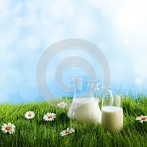 Milk jug and glass on grass