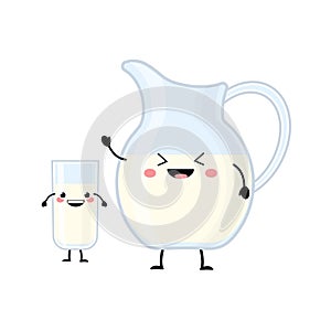Milk jug and glass vector characters isolated on white background. Kawaii milk