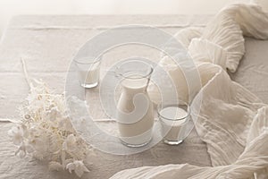 Milk in a jug and glasses on a white background. Tablecloth. Flowers . copy space