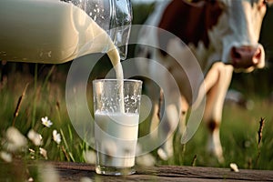 Milk from jug pouring into glass on table with cow on the meadow in the background. Glass of milk on wooden table