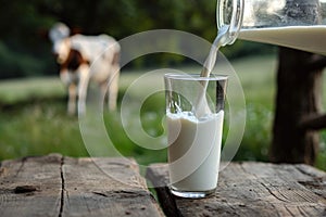 Milk from jug pouring into glass on table with cow on the meadow in the background. Glass of milk on wooden table