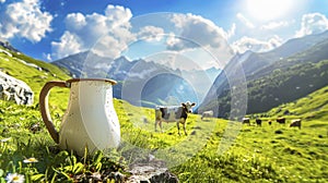 A milk jug stands on the bright green grass of a beautiful mountain slope. A beautiful mountain landscape with grazing