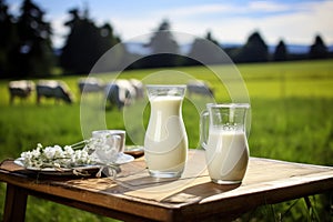 Milk jug on wooden table