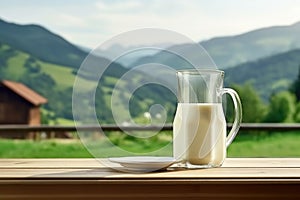 Milk jug on wooden table