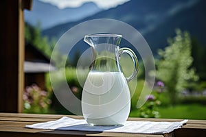 Milk jug on wooden table