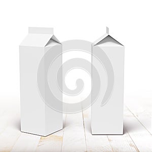 Milk or juice carton packaging box on white plank table. 3D rendering mockup