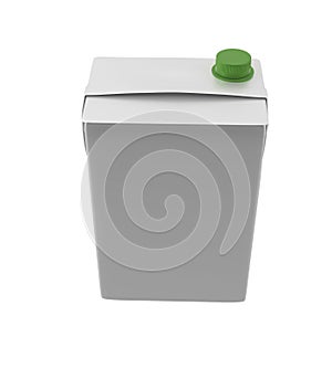 Milk, juice or cream carton. Green lid. White background. Clipping path. Empty template for your design.