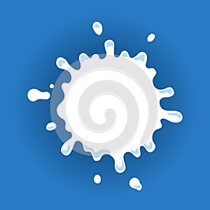 Milk label with drops and splashes. Milk badge of creative package. Liquid amoeba shape. Vector design milk symbol