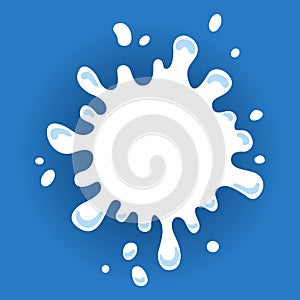 Milk label with drops and splashes. Milk badge of creative package. Liquid amoeba shape. Vector design milk symbol