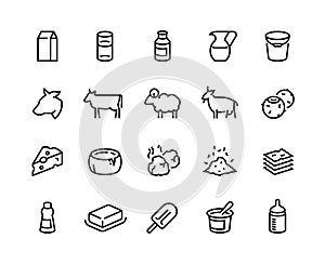 Milk line icons. Dairy products of cheese yogurt butter and cream, organic farm food, cow goat sheep and coconut milk