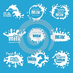 Milk logo. Cheese lecho or yoghurt splashes fresh farm dairy products badges design vector collection