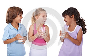 Milk, mustache and children with drink on face with nutrition, health and funny in white background of studio. Dairy