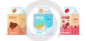 Milk package. Sweet milk with different tastes, cartoon containers with dairy products for kids. Vector strawberry photo