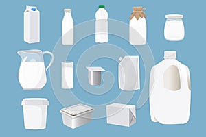 Milk package vector white milky drink packaging box, bottle and blank container for branding dairy products illustration