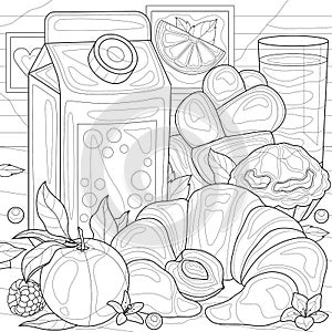Milk with pastries and fruits.Coloring book antistress for children and adults.