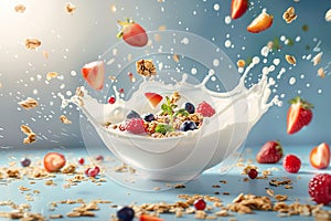 Milk pour on a organic granola bowl with fresh berries on a blue background