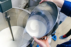 Milk is poured into a container for making ricotta cheese, mozzarella. Selected Focus