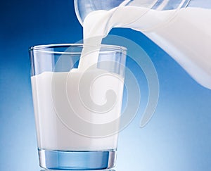 Milk poured from jug into glass on blue background