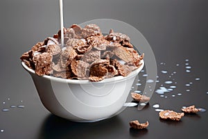 Milk pouring in a bowl of corn flakes. dessert food