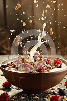 Milk pouring in bowl of healthy breakfast crunchy Granola Cereals with stawberry , blueberry vegan food