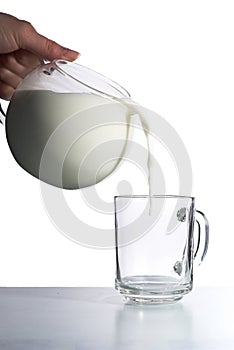 Milk pouring into empty glass cup