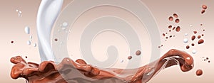 Milk pouring into glass with hot melted chocolate, food and drink illustration,abstract splash swirl background, isolated 3d