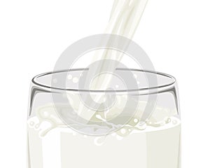 Milk pouring into glass Isolated on white background. Cartoon Milk splash and drops in glass.