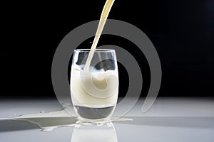 Milk pours into a glass with a splash