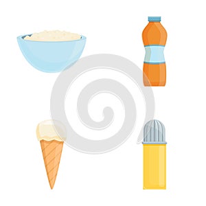 Milk product icons set cartoon vector. Cottage cheese ice cream whipped cream