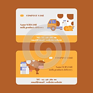 Milk production farmers market and agriculture vector business card. Cartoon farm cow, milky products, milkmans car