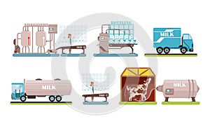 Milk production set. Cow milking, pasteurization and bottling automated processing line vector illustration