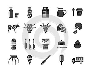 Milk products flat glyph icon set with yogurt, cheese, ice cream, cow, goat, milk carrier. Dairy vector illustration